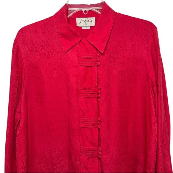 Vintage Silk Paisley Asian Inspired Cheongsam Shirt Size 10 Red 90s Y2K Jessica - Picture 2 of 12